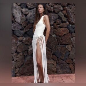 ZARA MACRAME PAREO SARONG SKIRT WHITE FRINGE NWT
